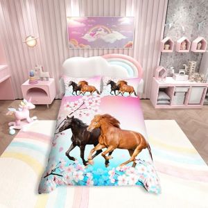 Ensemble de literie cheval pour enfants Ensemble de housse de couette 200 x 200cm pour filles Cherry Blossom Bedding pour adolescents Housse de couette imprimée cheval au galop Animal sauvage 3D (Bofanshangmao, neuf)