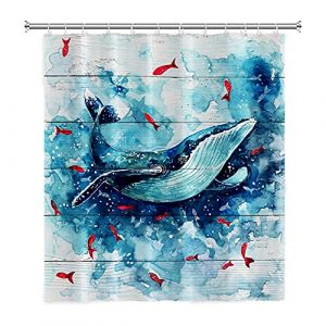 SDOTPMT 122x183cm Baleine Bleue Rideau de Douche pour Les Enfants Monde océanique Mignon Rouge Poisson Hilarant Animal Vague de mer Planche de Bois Rideau de Bain pour Bain avec Crochets (SDOTPMT, neuf)