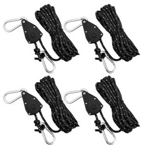4 PCS Corde de Tente Réfléchissante, 6mm Cordon de Camping avec Poulie, Corde à Cliquet avec Crochet, Corde Nylon Escalade 5M, Tendeur de Corde a Linge Exterieur pour Randonnée, Auvent (Noir) (Bocxin, neuf)