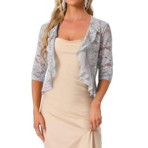Allegra K Gilet en Dentelle Femme Manches 3/4 Cardigan &agrave; Volants Demi-Transparent Haussement d'&Eacute;paules &Eacute;l&eacute;gant Bol&eacute;ro pour Robe de Mariage Gris M (Allegra K FASHION, neuf)