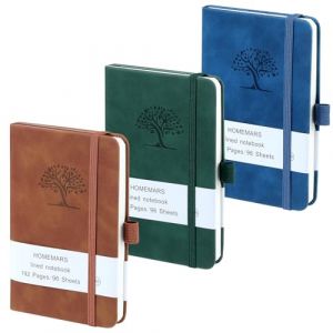 HOMEMARS Carnet de Notes, Petit Carnet, Petit Cahier, 3 Paquet, Cahier de Note, Carnet de Voyage, 14.4 cmx9.6cm, Marron, Vert, Bleu, 192 Pages Chacune, Motif d'arbre en Relief, Cuir végétalien (Homemars Direct, neuf)