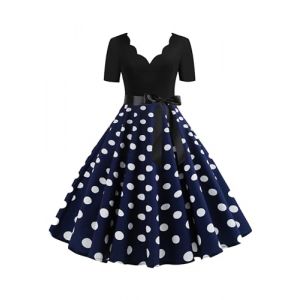 EFOFEI Femme Robe &agrave; Pois &agrave; Col en V Robe Pin Up Imprim&eacute;e &agrave; Pois Robe de Soir&eacute;e Cocktail Robe Bleu M (MILKCHOCLAT, neuf)