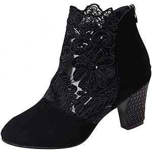 Bottine Femme &agrave; Talons, Bottes Femme Dentelle Transparent Vintage Chaussure Fille Confort Escarpins Talon Moyen Zipper Ankle Boots Pas Cher a la Mode (moone, neuf)