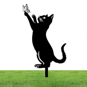 JIEBWCHA Statues De Jardin De Statue De Chat en M&eacute;tal Mignon 26/30cm Fer Piquet De Cour pour Chat Noir Ornements De Jardin en M&eacute;tal Statues d'animaux Creuses Ornements Ext&eacute;rieurs pour Pelouse (nichun, neuf)