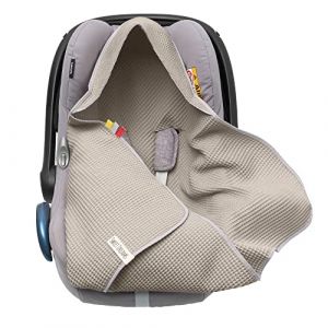 Couverture enveloppante gaufr&eacute;e 100% coton pour si&egrave;ge auto et poussette Maxi Cosi, rose/beige, ceinture 3 points (Mikos-shop, neuf)