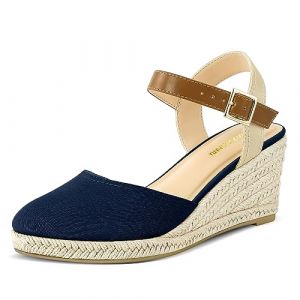 PIZZ ANNU Sandales Femme Été Espadrille Compensées Plateforme Plates Chaussures à Bout fermé Confort Bride Cheville Vintage Vacances Talon Marine EU 42 (PIZZ ANNU-EU, neuf)