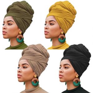 XTREND Lot de 4 bandeaux extensibles en jersey turban en tricot pour cheveux urbains, couleur unie, ultra doux, extra long et respirant pour femme (noir, camel, vert kaki, curcuma) (XtrendHair, neuf)