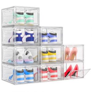 TidyTrove Boîtes à chaussures, Lot de 9, Boîte à Chaussures en Plastique Transparent Empilable, Conteneurs Organisateurs de Chaussures Pliables et Robustes avec Porte pour Femmes/Hommes, Blanc (Osan Logistics, neuf)