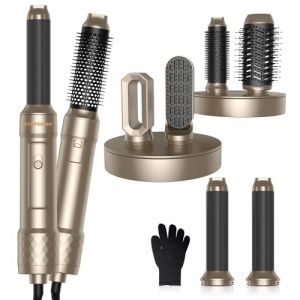 Airbrush 6 en 1 Seche Cheveux Air Styler Hair Styler,1000W Brosse Soufflante, 30mm Air Curl outil de Sèche Cheveux, Amovible pour le Lissage des Boucles Sèches 3 Vitesse du Vent Température, Doré (Atopskins Pro Beuaty, neuf)