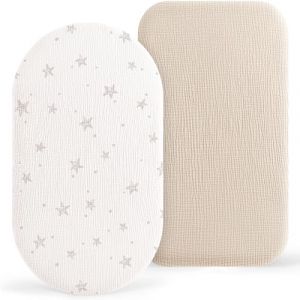Susurration Lot de 2 Draps Housses Cododo pour Lit B&eacute;b&eacute;,100% Coton Mousseline Draps Housses Poussette Lit de Voyage et Couffin 50x90cm (Cream Star) (Allkim, neuf)