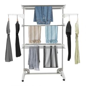 Belfoyer &Eacute;tendoir &agrave; Linge Pliable 3 Niveaux｜S&eacute;choir &agrave; Linge Int&eacute;rieur Extensible avec roulettes｜&Eacute;tendoir Linge Gain de Place, Acier & Plastique Durable, pour Maison, Balcon, Buanderie-WX86200 (zvzhano, neuf)