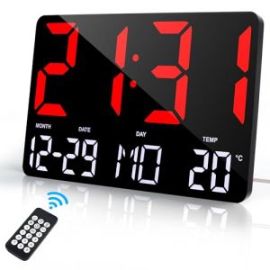 Lafocuse 12" LED Horloge Murale Numérique de Bureau, Grande Horloge Digitale avec Télécommande, Température, Date, Alarmes, Snooze, Luminosité Réglable Pendule Murale pour Salon Chambre Bureau, Rouge (QuareBest, neuf)