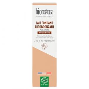 Bioregena | Lait fondant Autobronzant Bio | Visage & Corps | Teint &eacute;clatant & uniforme | Nourrit & Prot&egrave;ge | Formule enrichie en beurre de Karti&eacute; | Aloe Vera | Made in France | 125 ml (Cocooncenter, neuf)