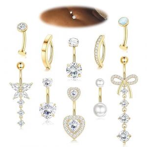 10 Pcs Gold Bauchnabel Piercing, Anneaux de ventre en acier chirurgical pour femmes, anneaux de nombril avec zircon, piercing nombril suspendu, piercing nombril or (xianyeyanshangmaoyouxiangongsi, neuf)