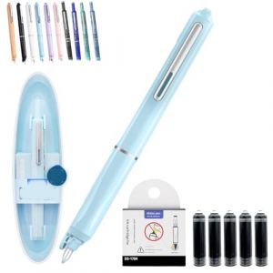 Qosneoun Stylo plume r&eacute;tractable, stylo plume rechargeable, 0,38 mm, encre bleue et noire, corps transparent, comprend 5 cartouches d'encre rechargeables pour une &eacute;criture fluide sans fuite (bleu (Qinchang, neuf)