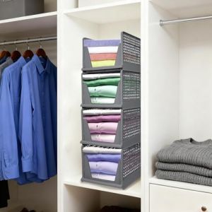 Organisateur Armoire Vetement,Empilable et Pliable Organisateur Tiroir, Plastique Rangement Tiroir Vetement, pour Chambre, Cuisine, Bureau, Salle de Bains,33,5 x43x96 cm,4 niveaux (25 cm)&ndash;Gris (Hechheu, neuf)