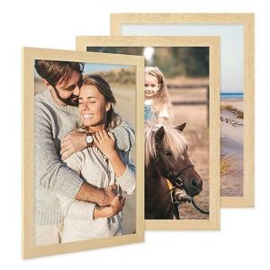 PHOTOLINI Cadre photo A3 30 x 42 cm bois MDF naturel, cadre large bord, lot de 3 cadres photo, verre acrylique incassable, d&eacute;coration murale &agrave; suspendre, accessoires suppl&eacute;mentaires (PHOTOLINI, neuf)