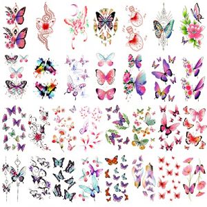 HOWAF 30 Feuilles Tatouage Ephemere Femme, Colorés Tatouage Papillon Faux Tatouage Femme Imperméables Temporary Tattoo Butterfly Tatouage Temporaire Papillon Tatouage Enfant Fille Femme et Adultes (Lipmok-eu, neuf)