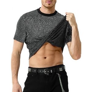 Casey Kevin T Shirt Paillette Homme à Manches Courtes Tee Shirt Strass Tenue Disco Doré Vetements Brillant Sexy T-Shirts Fête Costume Haut Sequin Chemise Scintillant Scintillantes Danse Clubwear (Casey-Kevin, neuf)