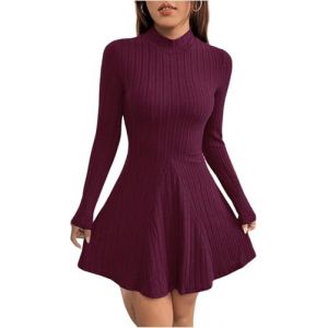 TrendiMax Robe pour Femme Automne Hiver D&eacute;contract&eacute;e Manches Longues Mini Robes Patineuse trap&egrave;ze Courte de f&ecirc;te Robe d'hiver Elegant Dress, Rouge Violet, L (YIYUN-EU, neuf)