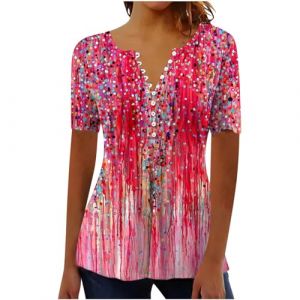 Chemisier Femme Chic et Élégant Manches Courtes Tshirt Chemisiers Et Blouses Grande Taille Imprimé Plissé Henley Tunique Tops Col V Blouse de Soie Boheme Haut Tunique Été Tee Shirt Femmes Solde (⭐⭐⭐⭐⭐AEGJEGVD(5-15 jours Arrivé), neuf)