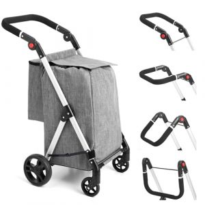 LEUYA ABC Chariot de Courses, 46L Chariot de Courses 4 Roues, avec Sac Isotherme, Poignées Réglables, Pliable, léger en Aluminium (Gris) (Afruey eur, neuf)