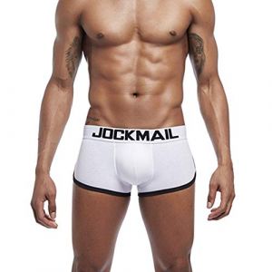 Cale&ccedil;on Homme Rembourr&eacute; avec Effet Push-Up Boxer Sexy Taille Basse avec Coque et Coussinets Sous-V&ecirc;tements Masculins Confortables (FR/ES, Alpha/lettres, TG, Taille normale, Taille normale, blanche) (Brand-Jockmail, neuf)
