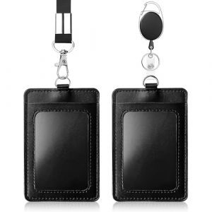 Porte Badge Tour de Cou, 2pcs Porte Carte Collier Autour du Cou en Cuir Support de Badge Noir avec Cordon Régulière et Lanièee Rétractable Badge Holder avec Sangle Etui pour Carte de Cantine (zhenzhonghua, neuf)
