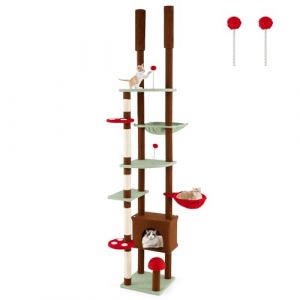 COSTWAY Arbre a Chat Plafond, H207-237 cm/247-277 cm R&eacute;glable, Arbre a Chat Design XXL, 6 Plateformes, 6 Poteaux &agrave; Griffer en Sisal, Condo, Panier, Hamac, 2 Pompons (207-237 cm/247-277 cm,Multicolore) (FDS GmbH, neuf)