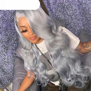 Perruques de cheveux humains en dentelle frontale gris argenté perruque en dentelle transparente 13x4 perruque frontale en dentelle ondulée pour femmes perruque-18 pouces-densité 180-13x6 perruque gri (cbldxiaodian, neuf)