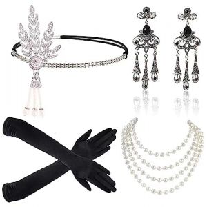 1920 Accessoires de Clapet des Années 1920 Ensemble D'accessoires de Costume des Années 20 Gatsby Charleston pour Femmes Bandeau Boucles D'oreilles Collier de Perles Gants Porte-cigarette (Style 3) (meiruier, neuf)