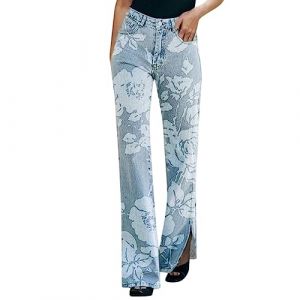 Jean femme taille haute coupe droite semi-evas&eacute; jeans large taille elastique imprim&eacute; floral hanche pantalon patte d'elephant femme fleur en denim pants baggy coupe boyfriend tendance 2024 (White, XL) (FATUS, neuf)