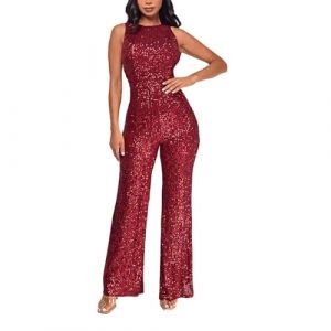 Caxndycing Combinaison &agrave; paillettes pour femme - Tenue disco des ann&eacute;es 70 et 80 - Manches longues - Col rond - Combishort - Pour mariage, f&ecirc;te, f&ecirc;te - Pantalon long - Jambes larges - Avec poches, (Aigdgoog, neuf)