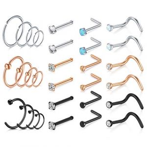 Mayhoop Piercing Nez Anneaux Studs Acier Inoxydable 20G Argent or rose noir avec CZ en Forme de L et en Spirale Anneaux de Nez Bijoux de Piercing 30Pi&egrave;ces pour Femme Homme (Mayhoop, neuf)