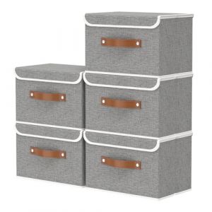 OUTBROS Boîte de Rangement, 38 x 25 x 25 cm Paniers de Rangement Pliables avec Couvercles et Poignées, Boîte Range pour Vêtement, Magazine pour, Chambre à Coucher (5 pièces, Gris) (OUTBROS-FR, neuf)