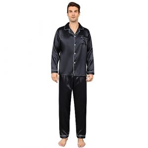 RuanMM Ensemble Pyjama en Satin Soyeux pour Homme, Haut à Manches Longues et Pantalon Long, vêtements de Nuit Soyeux pour Homme(Noir-XXL) (Shanghai PinShan Industrial Co., Ltd., neuf)
