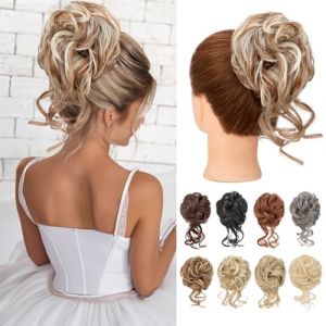 Benehair Postiche Chignon Cheveux Naturel Chignon Postiche Cheveux Boucl&eacute; Extensions de Cheveux Ondul&eacute;s Synth&eacute;tiques Chignon Elastique pour Femme (Brun M&eacute;lang&eacute; &agrave; Blond Blanc, 75g) (fashion idol collection, neuf)