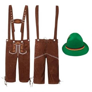 Bkazwe D&eacute;guisement Oktoberfest Homme Authentique Allemand Festival d'Octobre Costume - Pantalon Lederhosen Cuir + Chapeau &agrave; Plume Costume Oktoberfest Bavarois D&eacute;guisement Carnaval Halloween (Bkazwe, neuf)