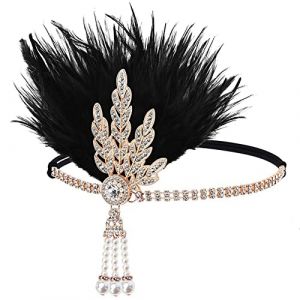 Bandeau Plume Année 20 en Plumes et Strass - Serre-tête Vintage Flapper Casque - Accessoires de Cheveux Mode pour Partie à Thème, Costume, Prom, Mariage - Noir Doré (nuluxi, neuf)