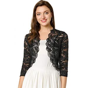 Allegra K Boléro Femme Élégant en Dentelle Floral à 3/4 Manches Cardigan Transparent à Haussement d'Épaule Boléro pour Mariage et Fête Gilet Court Léger Devant Ouvert Noir S (Weisser Berg, neuf)