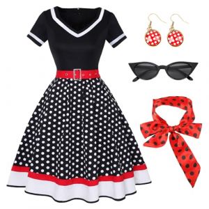 Tutukyle 50's Vintage Rockabilly Robes Femme Manches Courtes Col V Polka Dot Swing Robe Coctail avec Lunettes Polka Dot Bandeau Boucles d'oreilles Robe de Fête A-Line Robe de Bal Rétro Carnaval Fête (LINGYEAL, neuf)