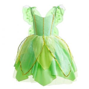 Lito Angels Deguisement Costume Fée Clochette, Robe de Fee Verte avec Ailes pour Enfant Fille, Taille 4-5 ans (étiquette en tissu 110) (Lito Angels FR, neuf)