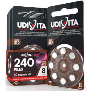 240 Piles Auditives Taille 312 Udivita PR41 (Marron) Zinc-Air Hearing Evolution Technologie Phono Pulse - 30 Blisters de 8 Piles (Eurocali, neuf)