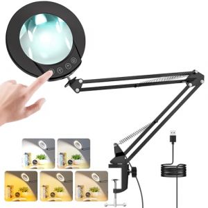 Cadrim Lampe Loupe 10X Lampe de Bureau, Loupe avec Lumière à Intensité Variable, 5 Modes de Couleur Réglables, Pince Métallique, Bras Pivotant, Lampe Loupe LED pour Lecture, Réparation, Artisanat (HAOXX, neuf)