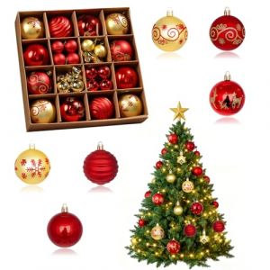 BOOSHMall 40 pi&egrave;ces Boules de No&euml;l de Couleur Rouge et Or, Boules de No&euml;l Ornements en Plastique 6cm, Suspendues Ornements de Boule avec &eacute;toile,Cloche, pour No&euml;l Mariage Maison F&ecirc;te D&eacute;coration (Kanon-EU, neuf)