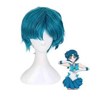 Perruque de cosplay - Anime Sailor Moon Mizuno Ami - Perruque courte - Costume de cosplay - Cheveux synthétiques résistants à la chaleur - Sailor Mercury - Pour femme (GUANBAIJI1982, neuf)