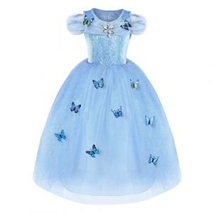 URAQT Fille Robe Papillon Cinderella Princess Robe La Reine des Neiges Elsa Costume Bleu, Bleu, Taille 130 pour les 5-6 ans (Petit Wudong, neuf)