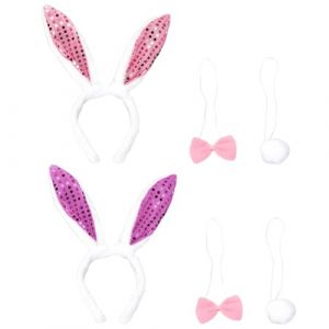 2 Set Ensemble Déguisement de Paillettes Lapin Serre-tête d`oreille de lapin+Cravate en forme de nœud papillon+Queue en Peluche Costume Enfant Adulte pour Cosplay Fête Carnaval Halloween Anniversaire (TANGYUMENG STORE, neuf)