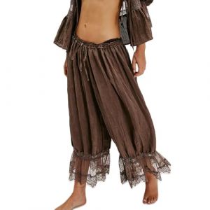 ThiCc Pantalon long bloomer pour femme - Bordure en dentelle - Pantalons victoriens Y2K - Taille &eacute;lastique - Volants - Confortable - Capri taille mi-haute pour la maison (piaopiaostore, neuf)