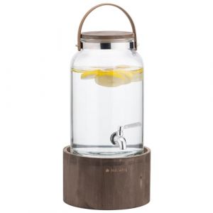 Navaris Distributeur de Boisson en Verre - Fontaine 5,6 L avec Robinet Couvercle poignée en Cuir et Support en Bois - Carafe Eau Boissons Froides et Chaudes (SX-Commerce, neuf)
